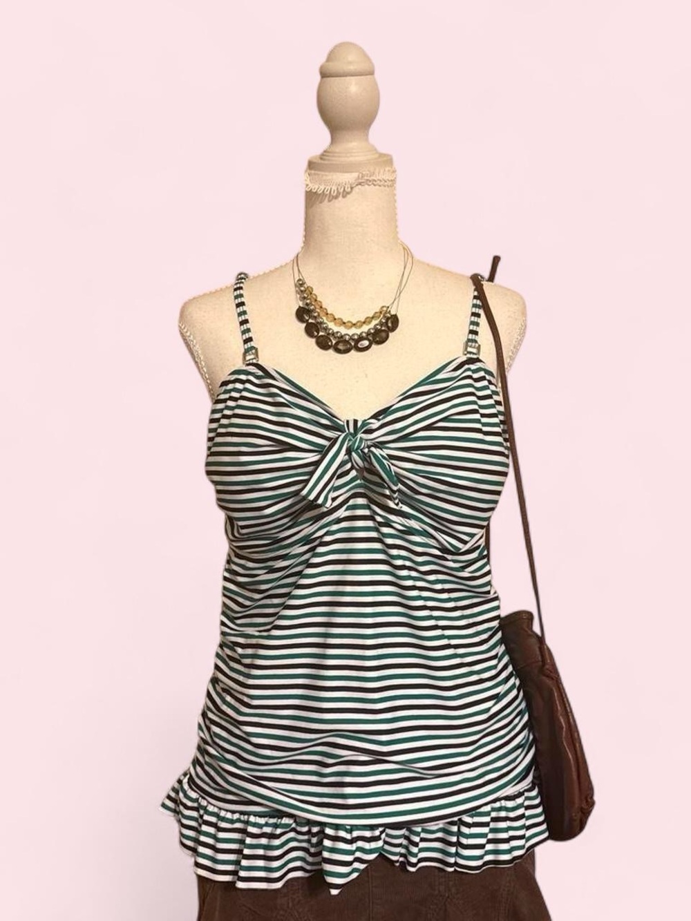 Green & White Striped Swimsuit Top
